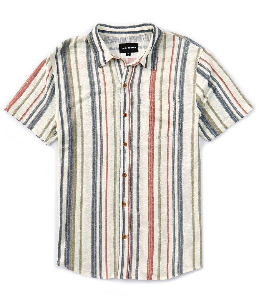 Lucky Brand Short Sleeve Striped Linen-Blend Woven Shirt Product Image