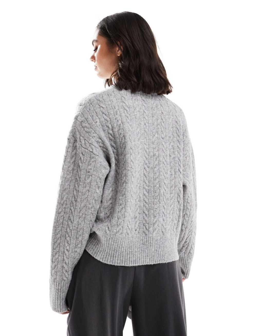 Bershka high neck oversized cable knit sweater in gray Product Image