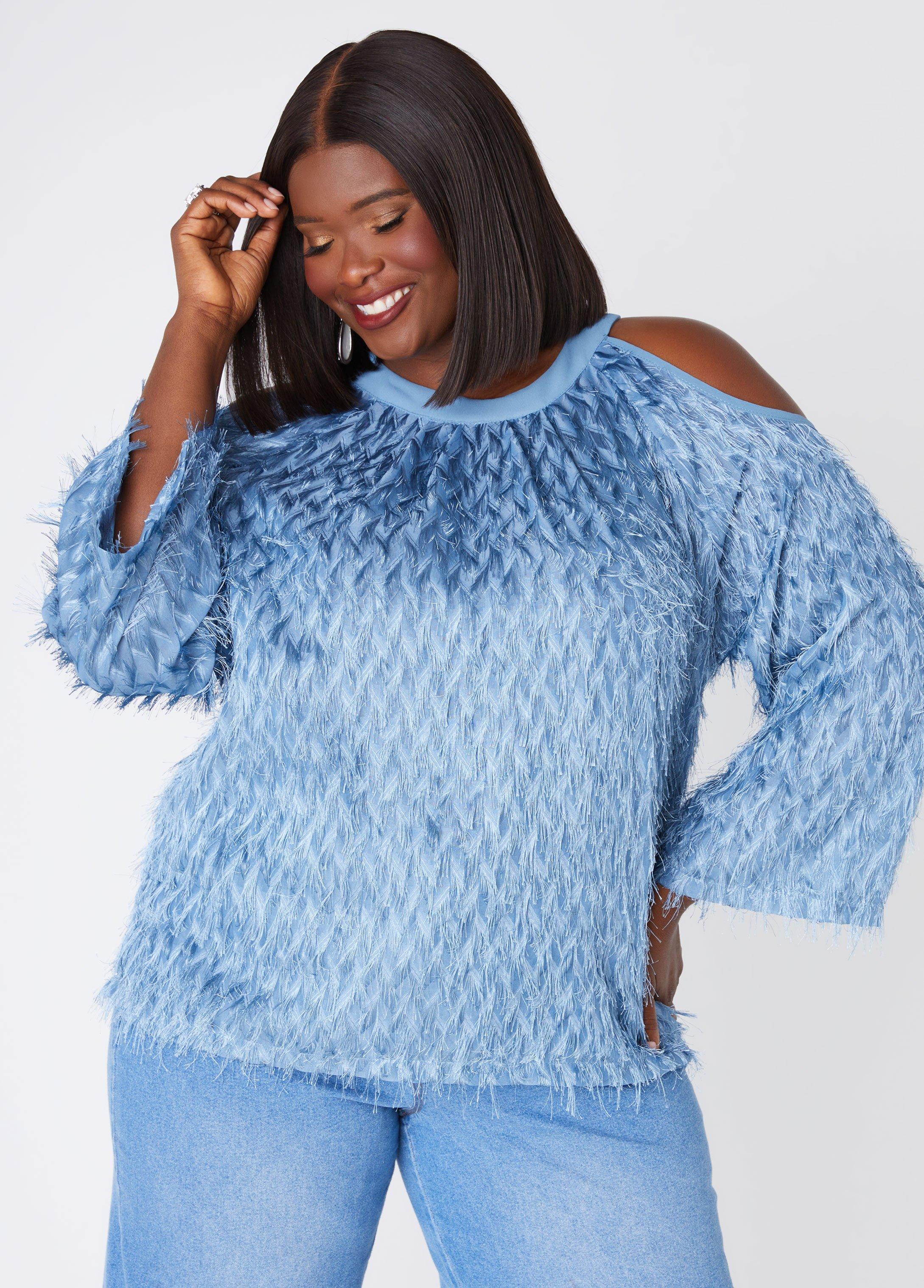 Plus Size Fringed Cold Shoulder Blouse Ashley Stewart Product Image