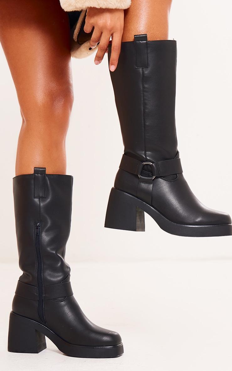 Black Faux Leather Square Toe Buckle Chunky Heeled Thigh High Boots Product Image