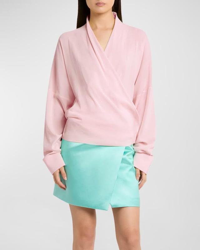 Long-Sleeve Silk Wrap Blouse Product Image