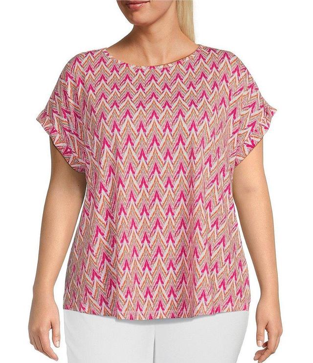 Multiples Plus Size Knit Ikat Print Round Neck Short Cuffed Sleeve Top Product Image