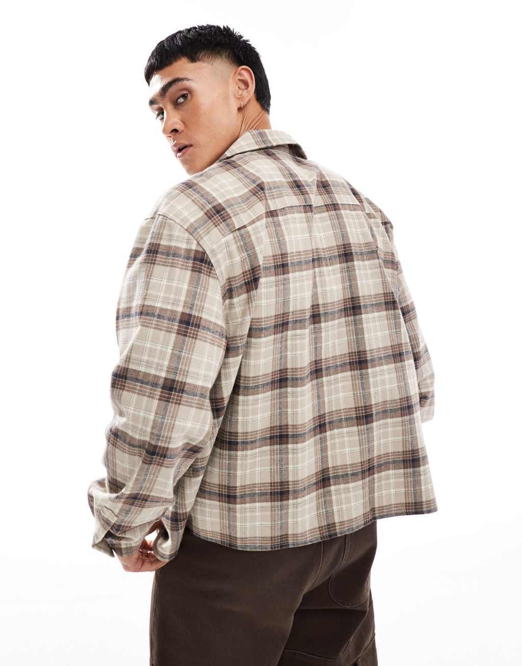 ASOS DESIGN oversized long sleeve shirt in beige plaid Product Image