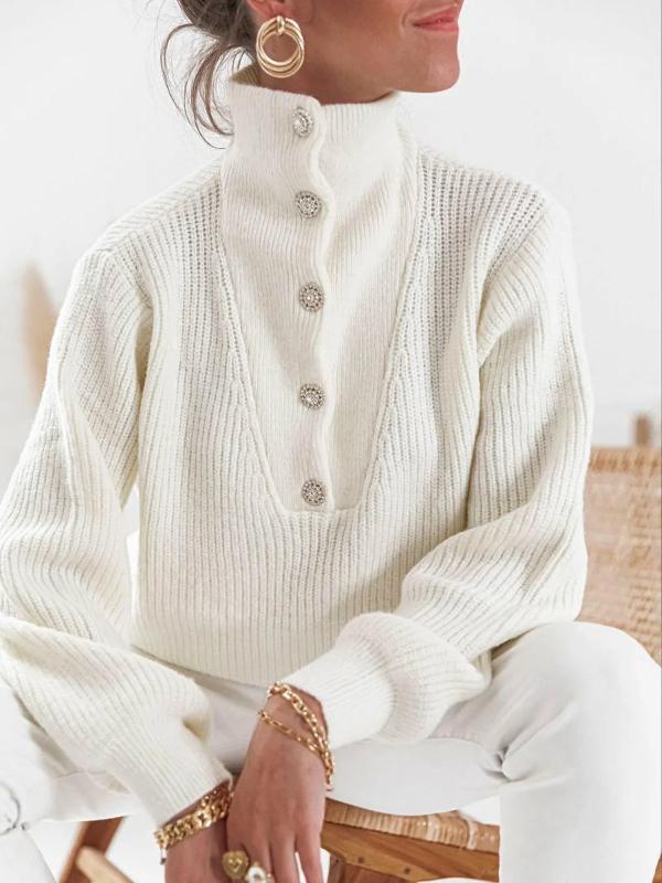 Long Sleeves Buttoned Solid Color High-Neck Sweater Tops Product Image