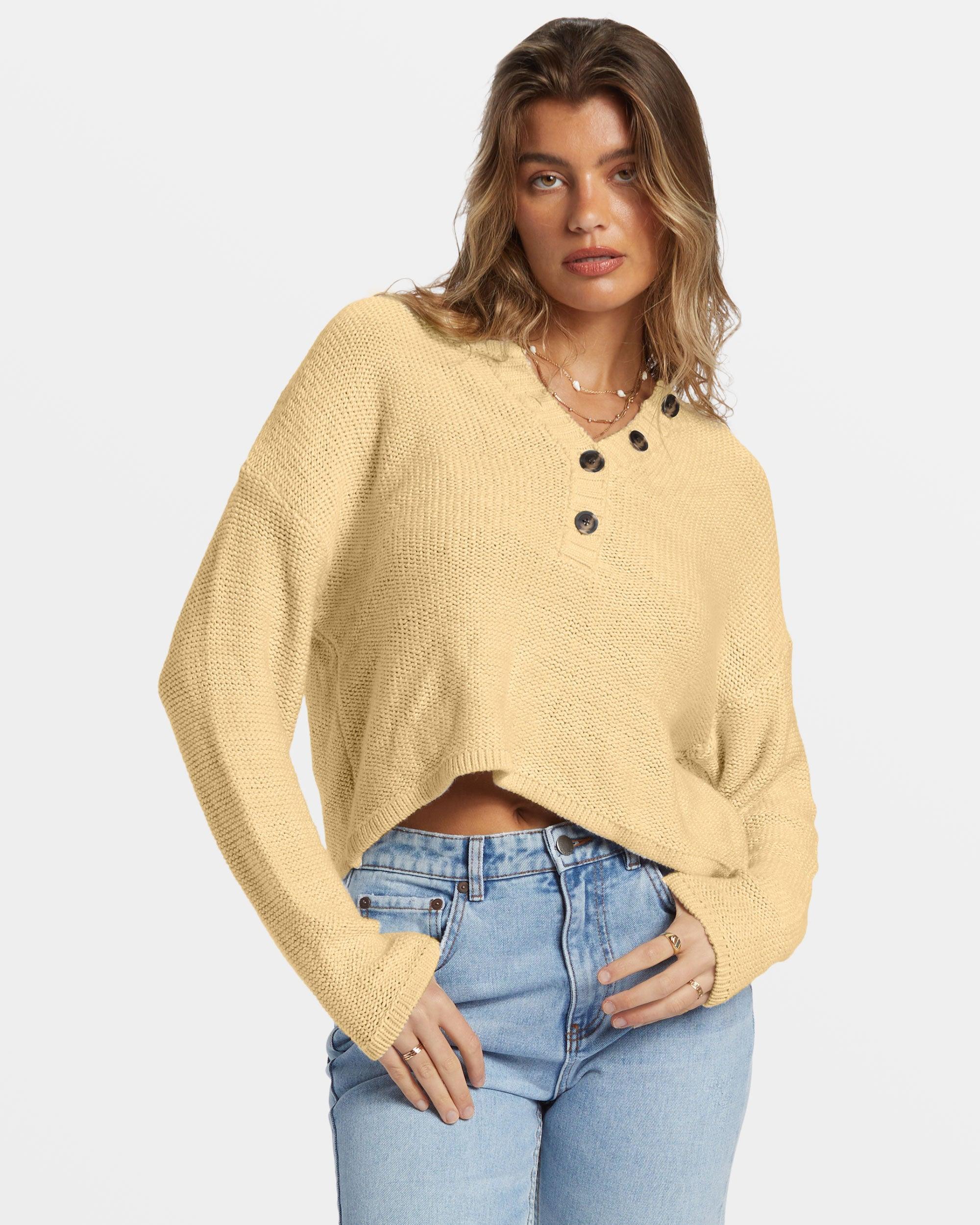 Shallow Waters Henley Sweater - Retro Yellow Female Product Image