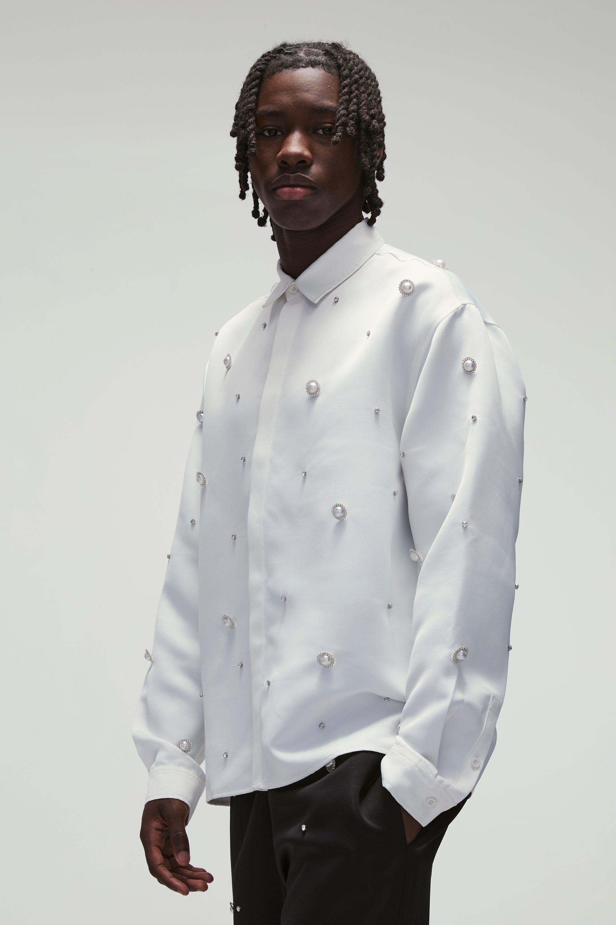 Heavy Satin Embellished Oversized Shirt | boohooMAN USA Product Image