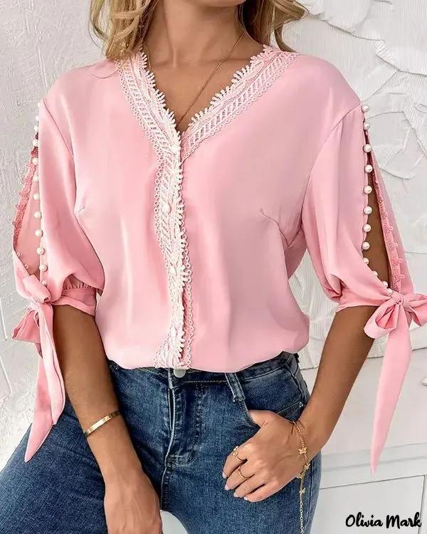 Olivia Mark – V-Neck Top with Beaded Split Knot Cuff and Lace Trim Product Image