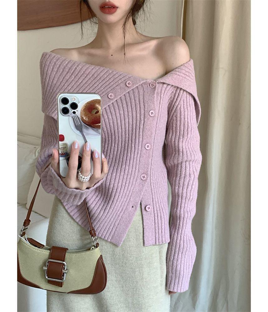 Long-Sleeve Off-Shoulder Plain Asymmetrical Button Knit Top Product Image