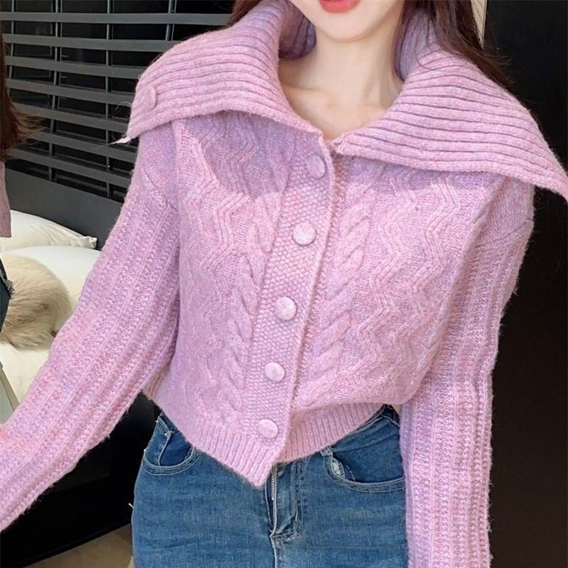 Stand Collar Plain Cable-Knit Cardigan Product Image