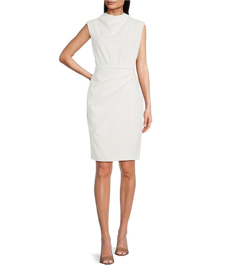 Calvin Klein Sleeveless Mock Neck Ruched Scuba Crepe Sheath Dress Product Image