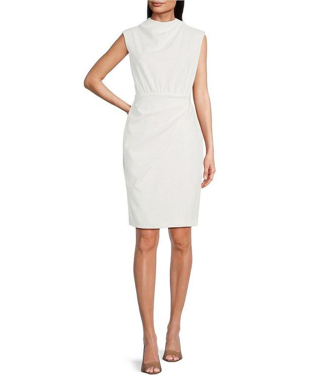 Calvin Klein Sleeveless Mock Neck Ruched Scuba Crepe Sheath Dress Product Image