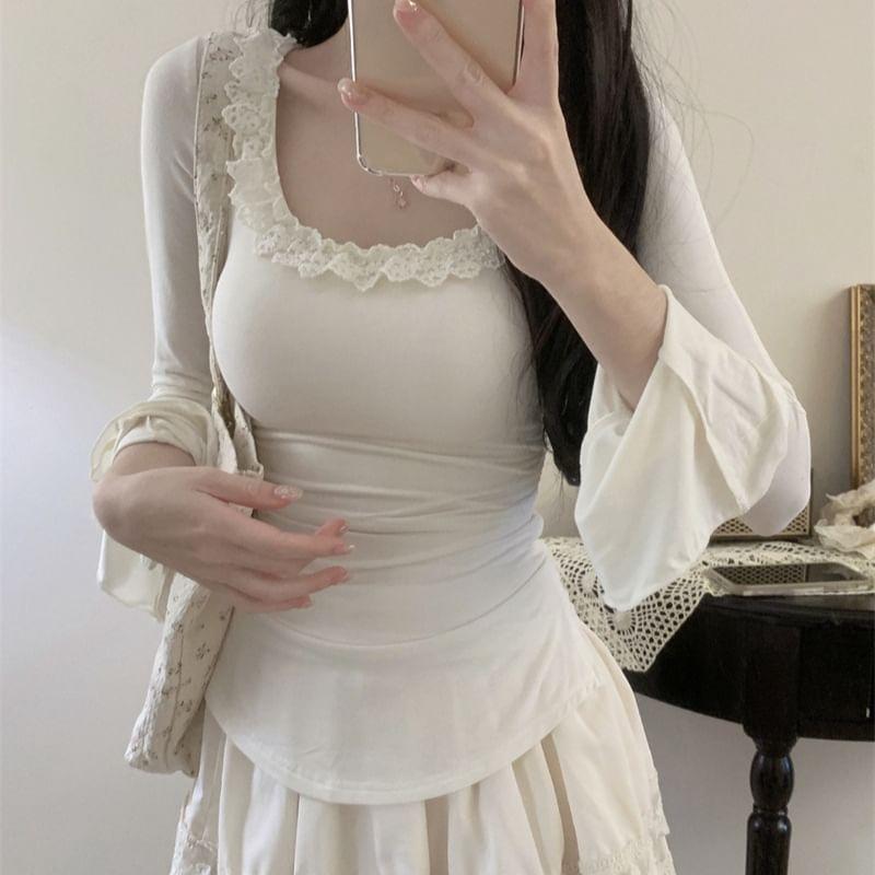 Long Sleeve Scoop Neck Plain Lace Trim Top Product Image