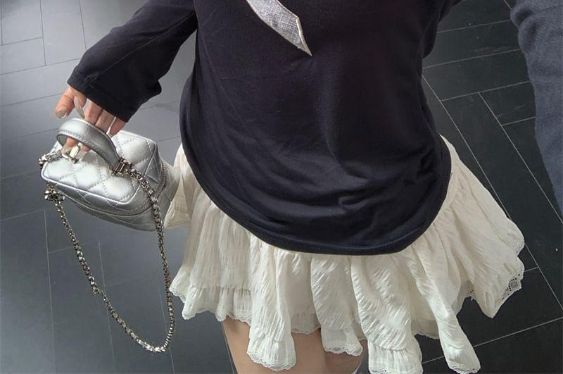 Long-Sleeve Mock Neck Bow Embroidered Tee Product Image