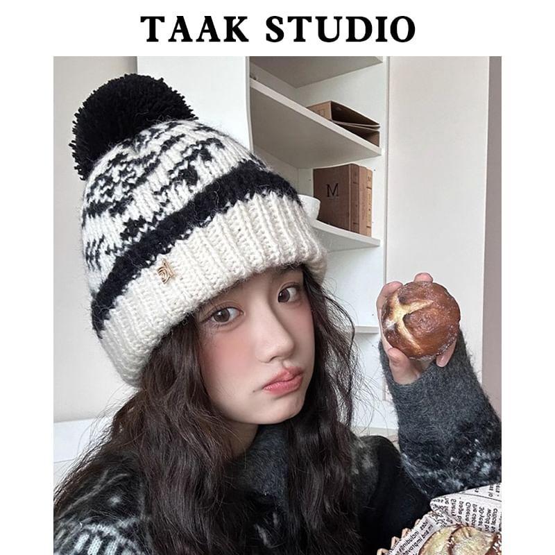 Patterned Pom Pom Knit Beanie Product Image