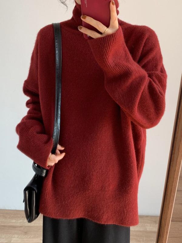 Long Sleeves Loose Solid Color Split-Joint Split-Side High Neck Sweater product image