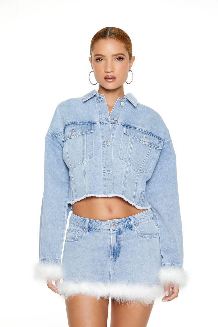 Faux Feather Denim Trucker Jacket | Forever 21 Product Image