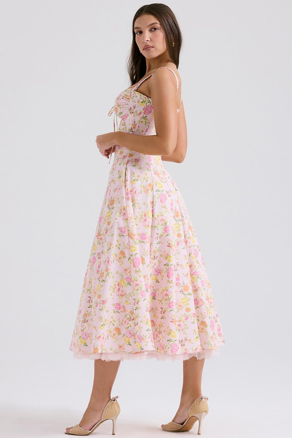 Rosalee Pink Meadow Print Cotton Bustier Sundress Product Image