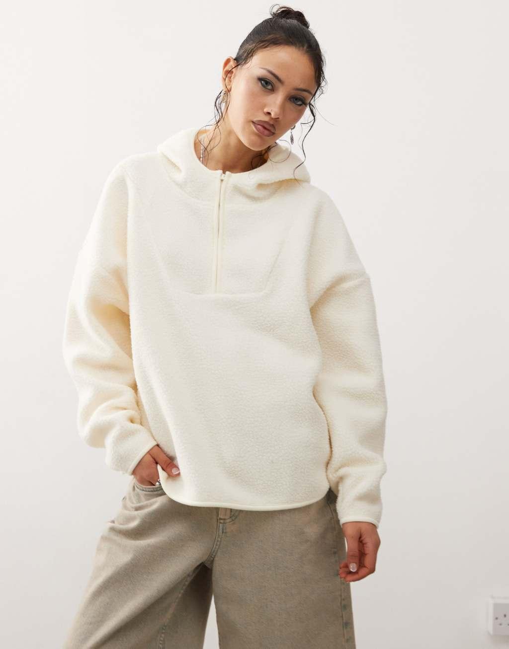 Noisy May 1/4 zip hooded fleece in cream Product Image