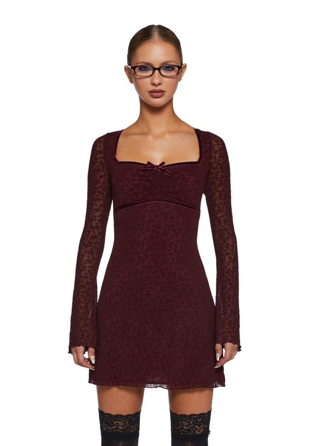 Motel Stretchy Mesh Flocked Velvet Ditsy Floral Mini Dress - Dark Red Product Image