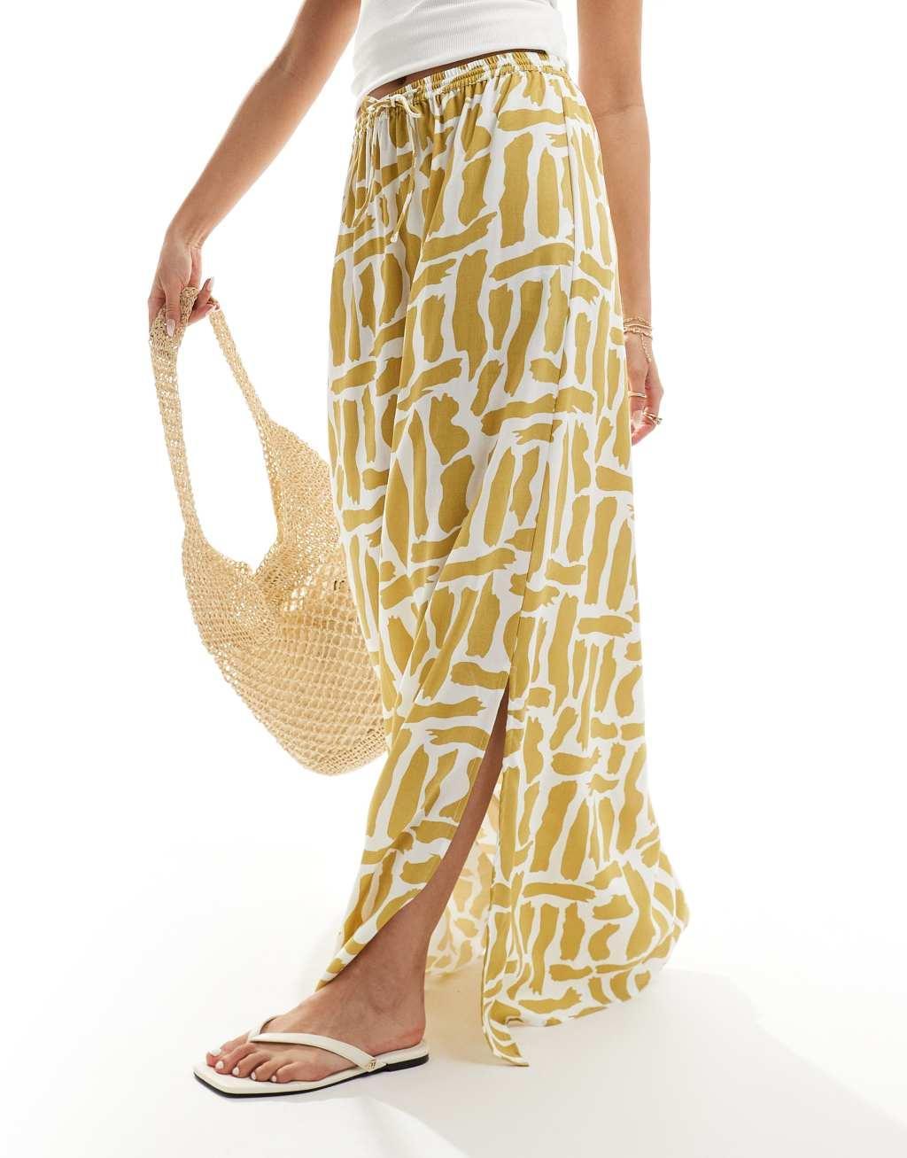 ASOS DESIGN tie waist midi skirt in mustard squiggle print Product Image