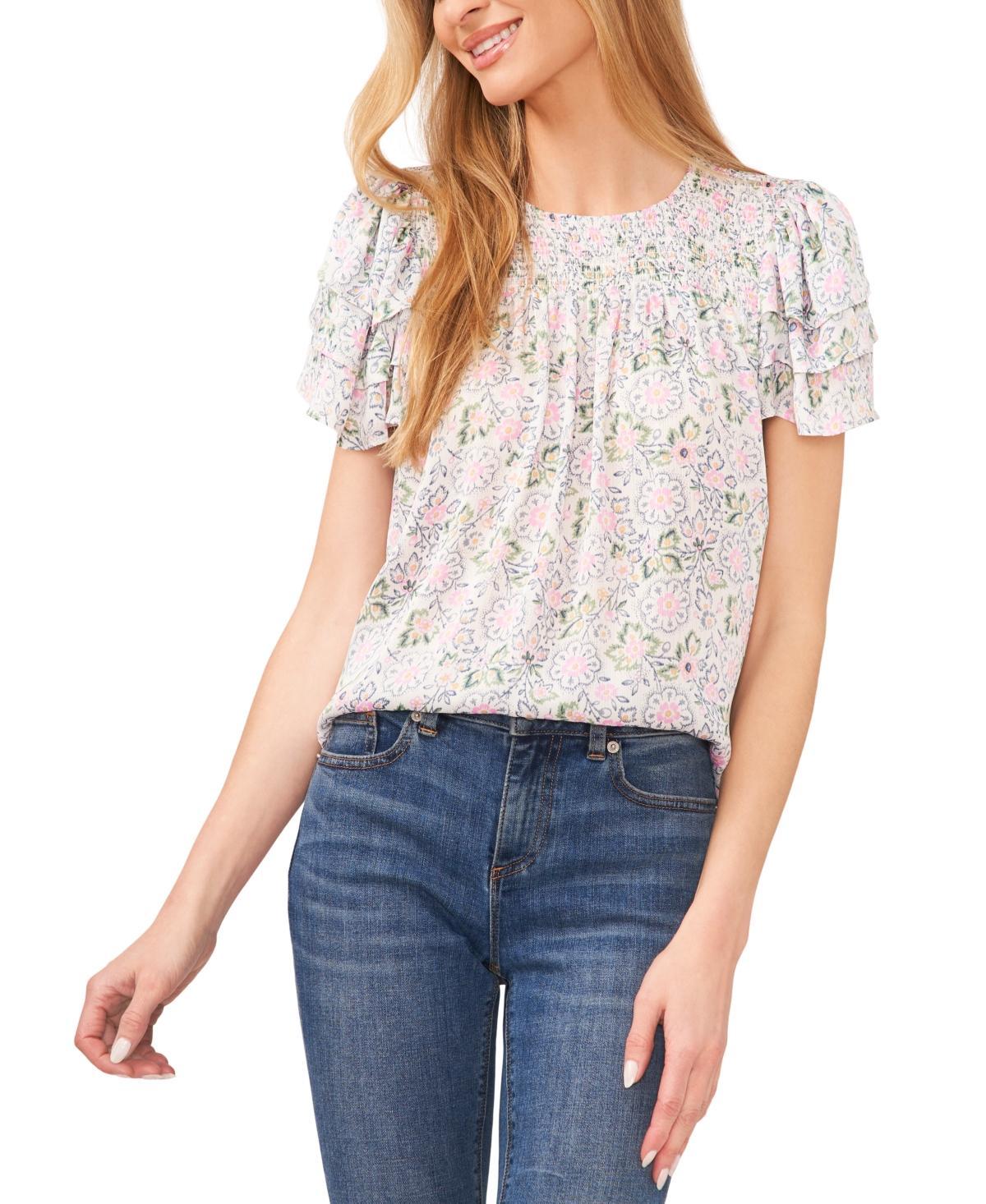 Women's Floral Smocked Yoke Flutter Sleeve Top Product Image