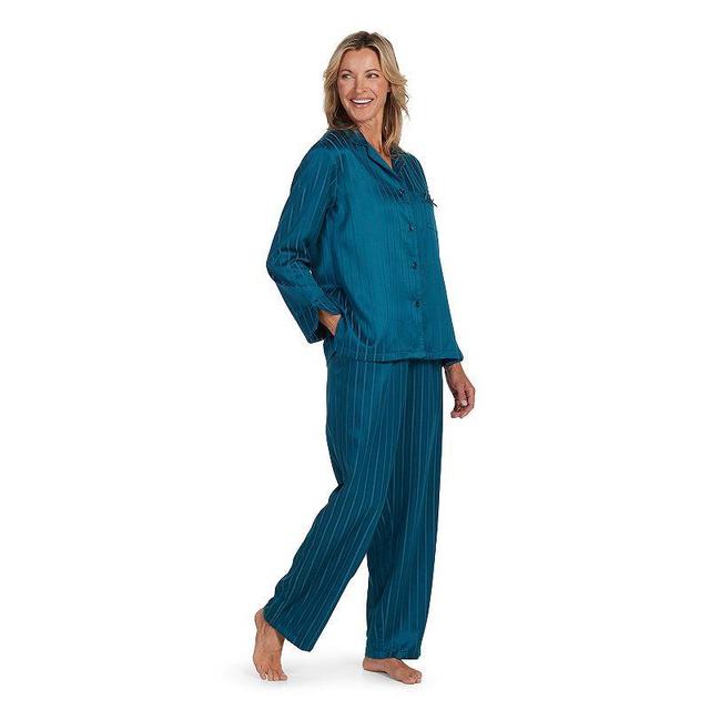 Womens Miss Elaine Essentials Brushed Back Satin Pajama Top & Pant Set Blue Product Image