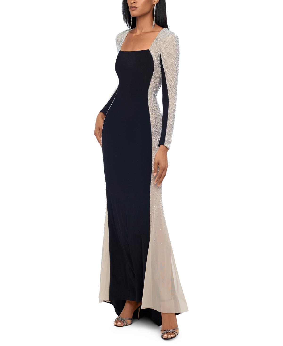 Xscape Petite Size Long Sleeve Square Neck Caviar Beaded Mesh Panels Sheath Gown Product Image