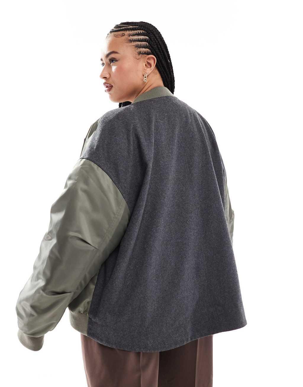 ASOS DESIGN Curve spliced bomber jacket in khaki and gray Product Image