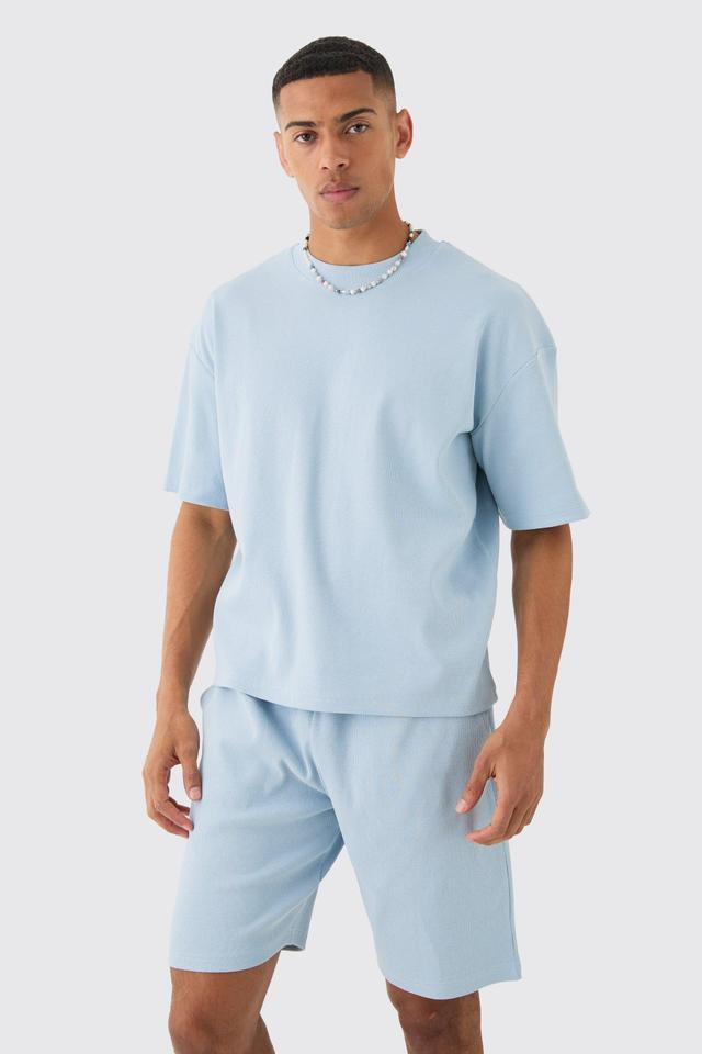 Mens Blue Oversized Boxy Heavyweight Ribbed T-shirt & Shorts Set, Blue Product Image