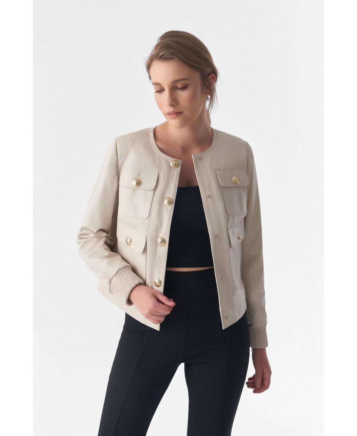 Furniq Uk Womens Collarless Stunning Studs Closure Leather Jacket Beige Product Image