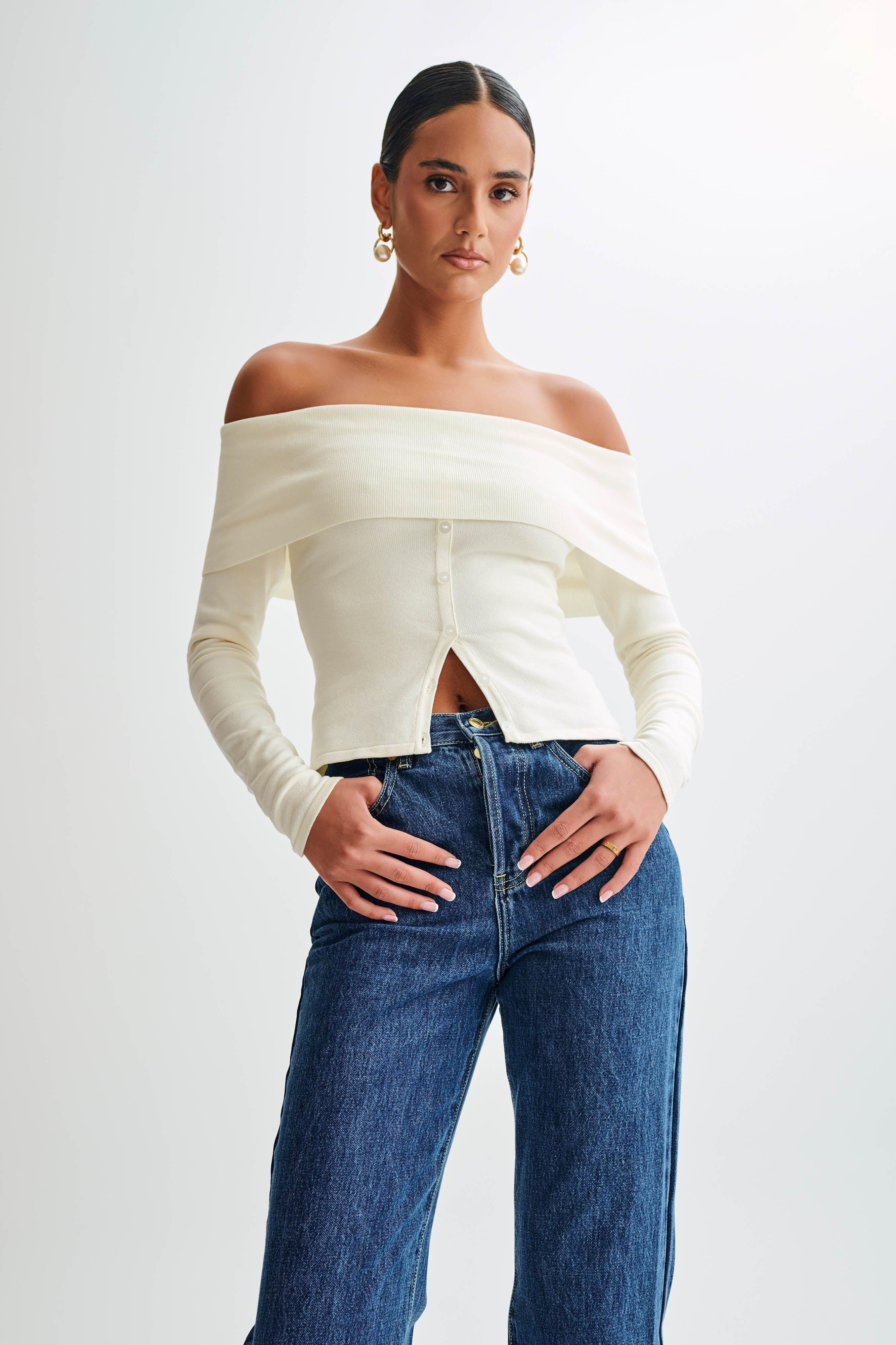 Diedre Buttoned Off Shoulder Knit Top - White Product Image