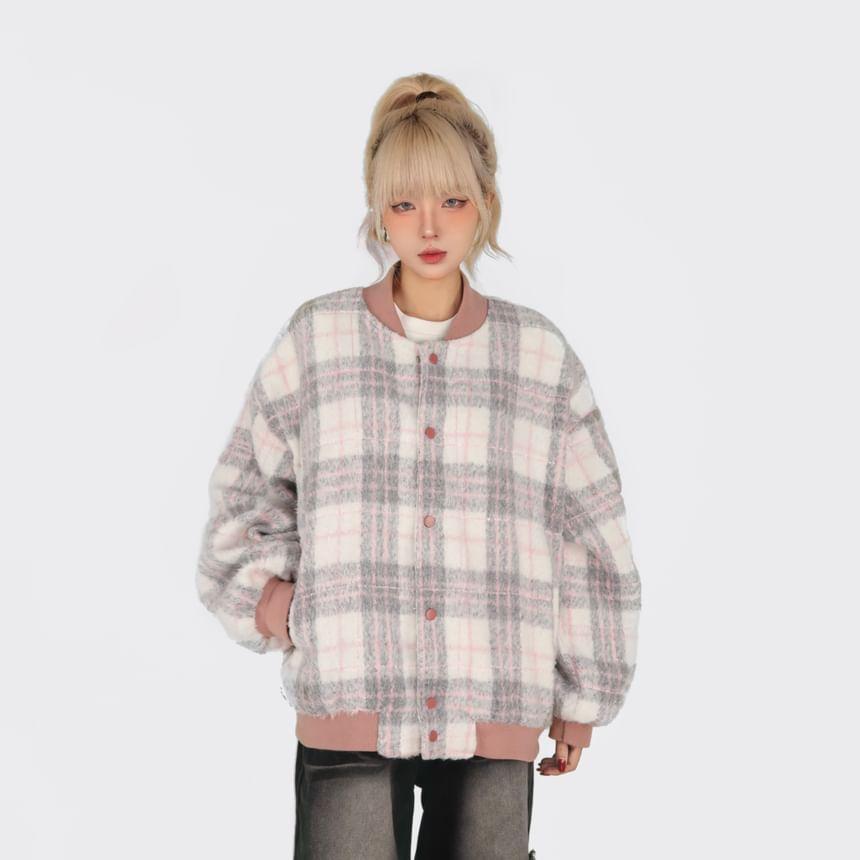 Plaid Zip-Up Bomber Jacket Product Image