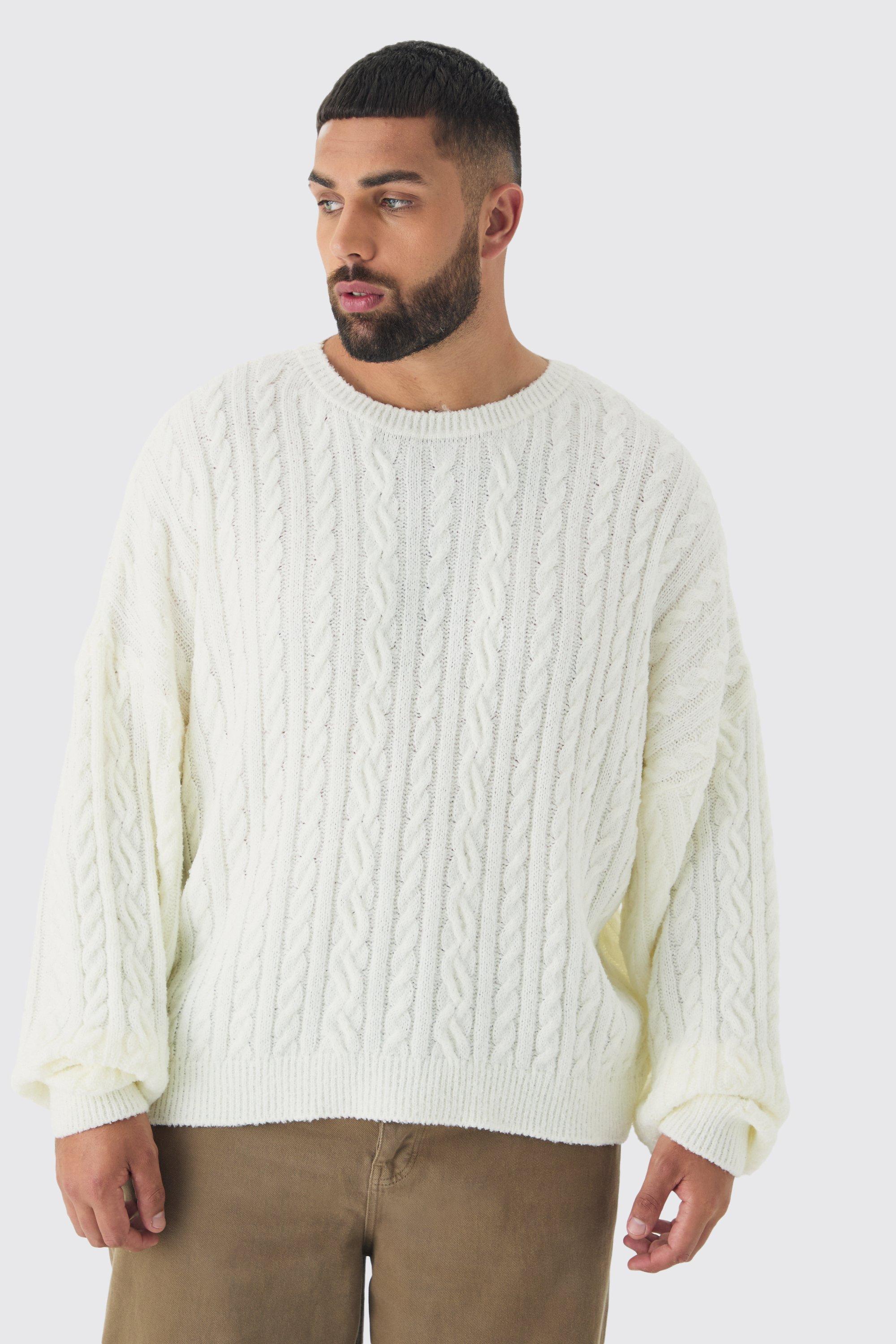 Plus Boucle Cable Knit Oversized Sweater | boohooMAN USA Product Image