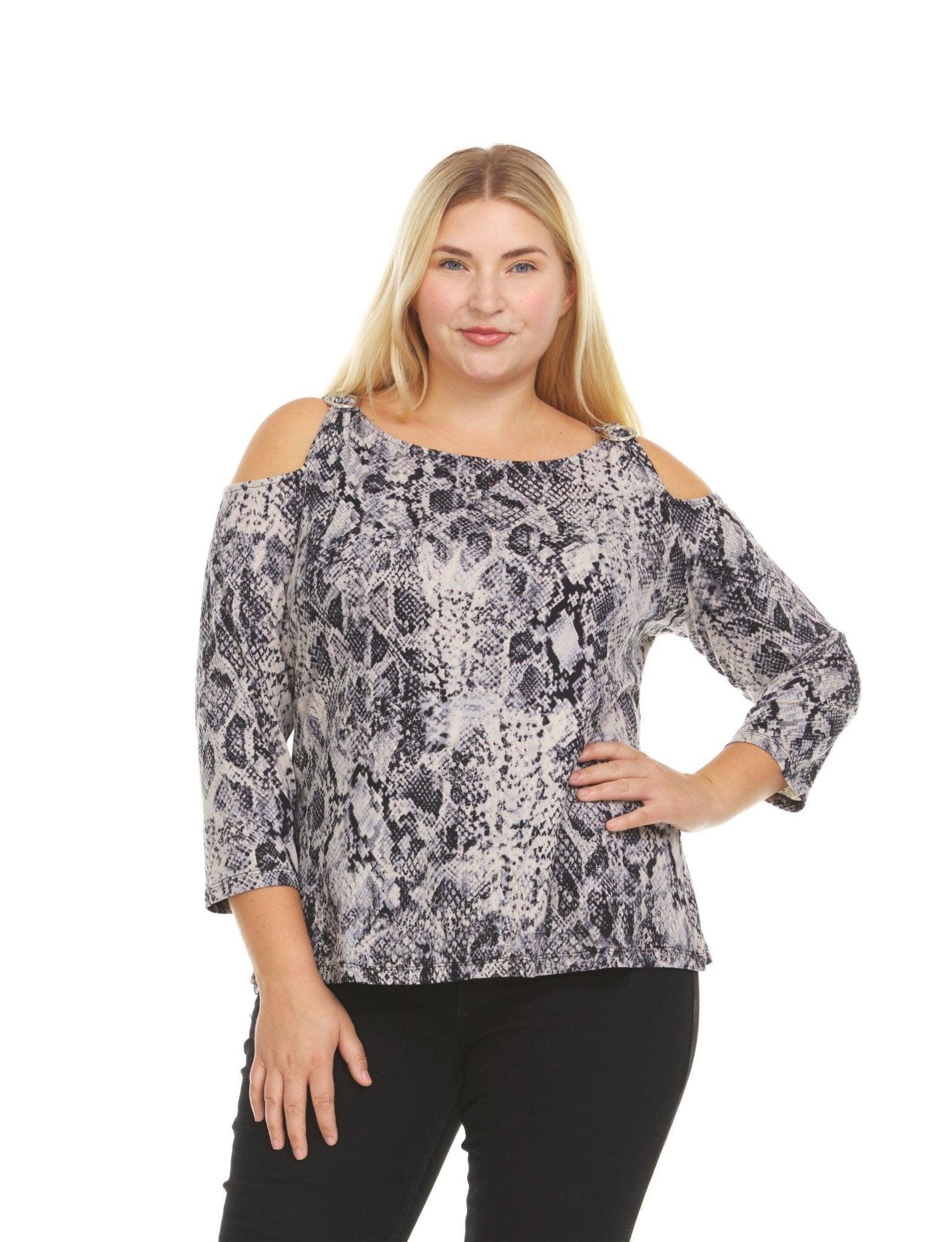 Python Print 3/4 Sleeve Cold Shoulder Top With Shoulder Strap Grommet- plus Product Image