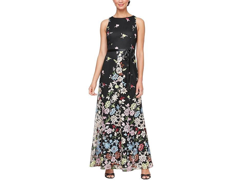 Alex Evenings Long Embroidered A-Line Dress with Satin Tie Belt (Black Floral) Women's Dress Product Image