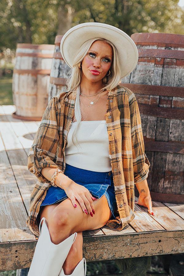 Hayride Happiness Vintage Wash Plaid Tunic in Camel Product Image