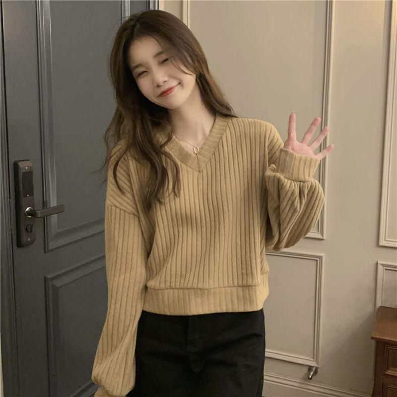 Drop Shoulder V-Neck Plain Ribbed Knit Sweater Product Image