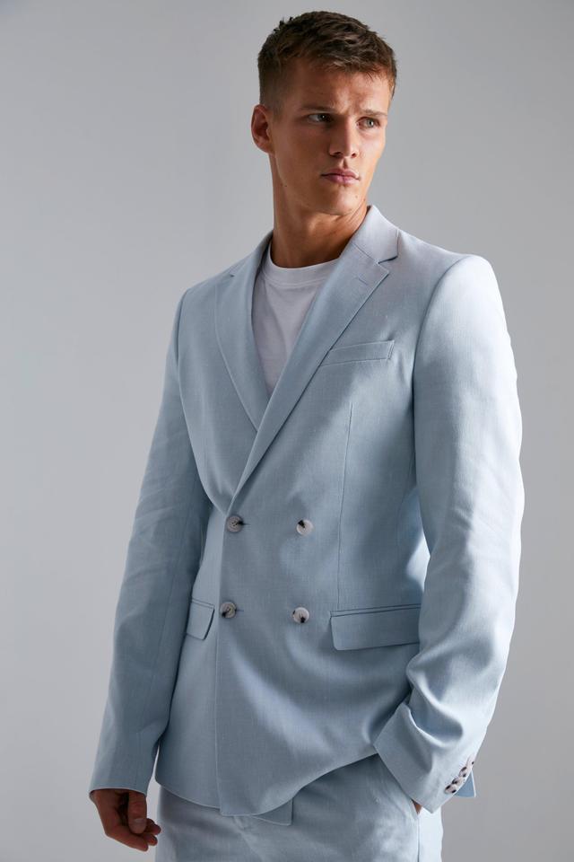 Tall Double Breasted Skinny Linen Suit Jacket | boohooMAN USA Product Image