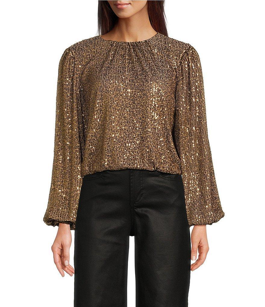 Reba Woven Mesh Sequin Ruched Crew Neck Long Peasant Sleeve Back Keyhole Blouse Product Image