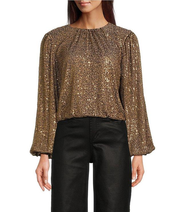 Reba Woven Mesh Sequin Ruched Crew Neck Long Peasant Sleeve Back Keyhole Blouse Product Image