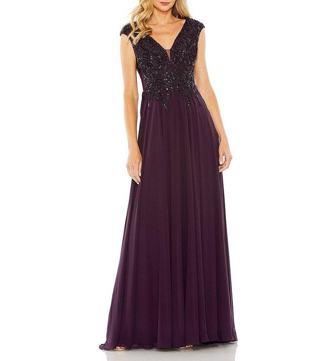 Mac Duggal Beaded Applique Bodice V-Neck Sleeveless A-Line Gown Product Image