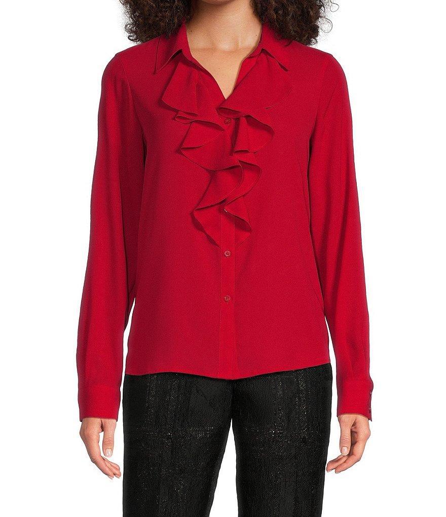 Calvin Klein Petite Size Woven Collared Long Sleeve Ruffled Button Front Blouse Product Image