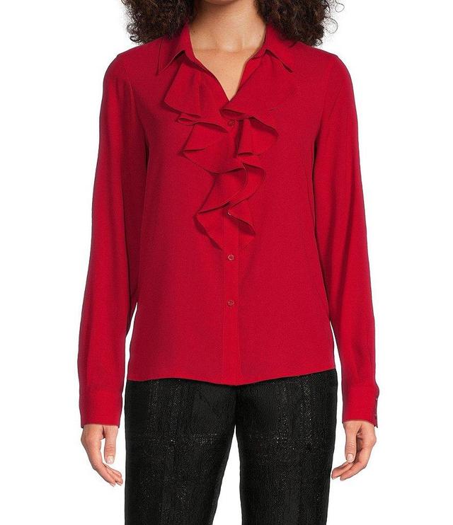 Calvin Klein Petite Size Woven Collared Long Sleeve Ruffled Button Front Blouse Product Image