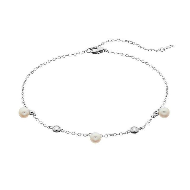 Sterling Silver Freshwater Cultured Pearl & Lab Created White Sapphire Station Anklet, Womens Product Image