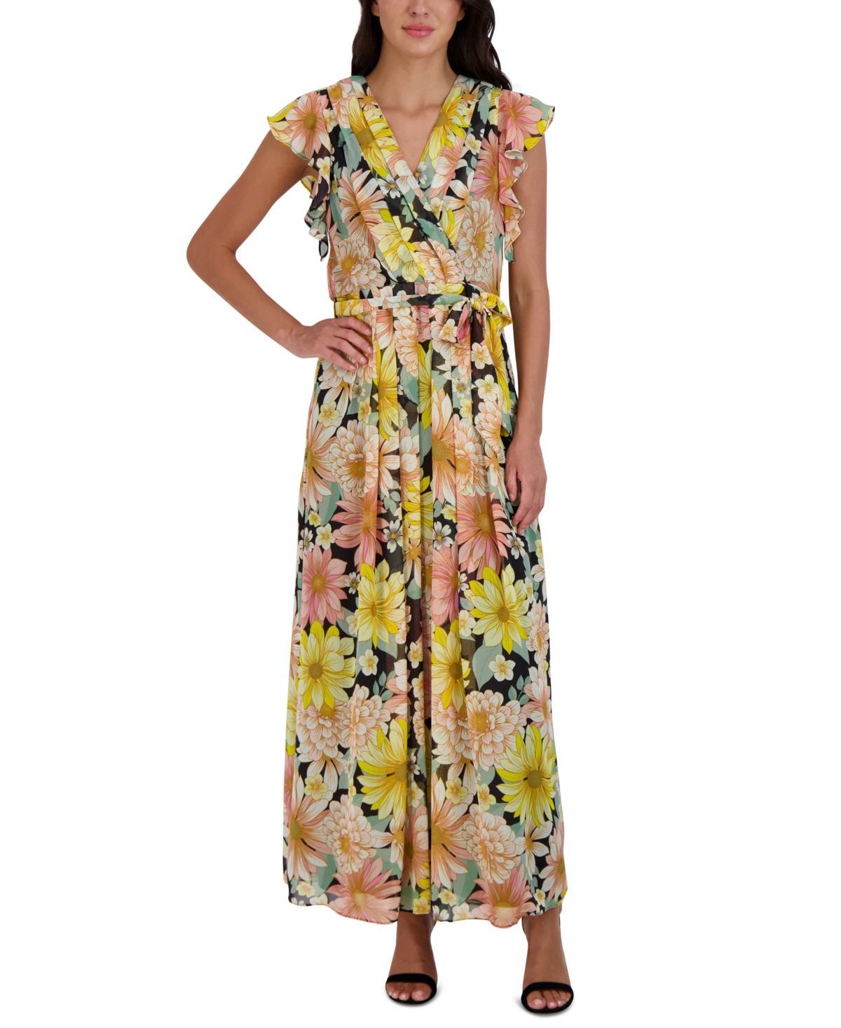 Donna Ricco Flutter-Sleeve Printed Chiffon Maxi Dress Product Image