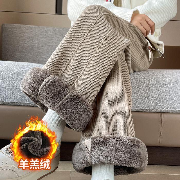 High Waist Plain Fleece Lined Wide Leg Pants Product Image