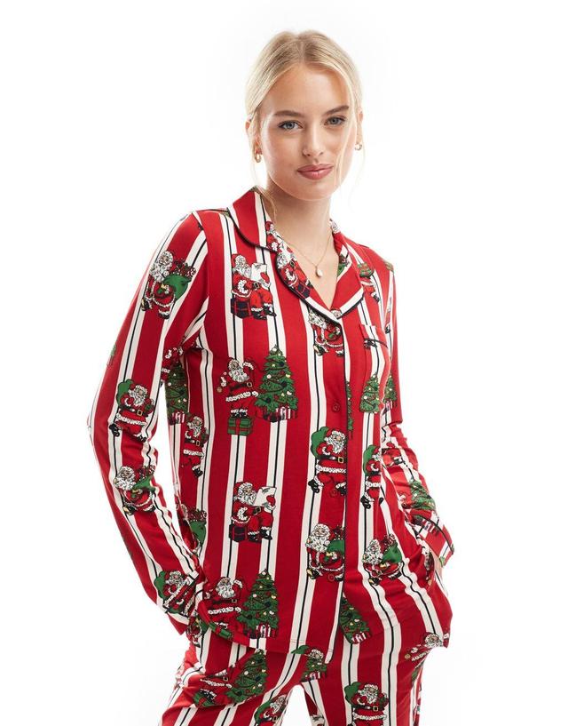 Chelsea Peers Tall poly Christmas His & Hers long sleeve revere and pants pajama set in vintage santa stripe print Product Image