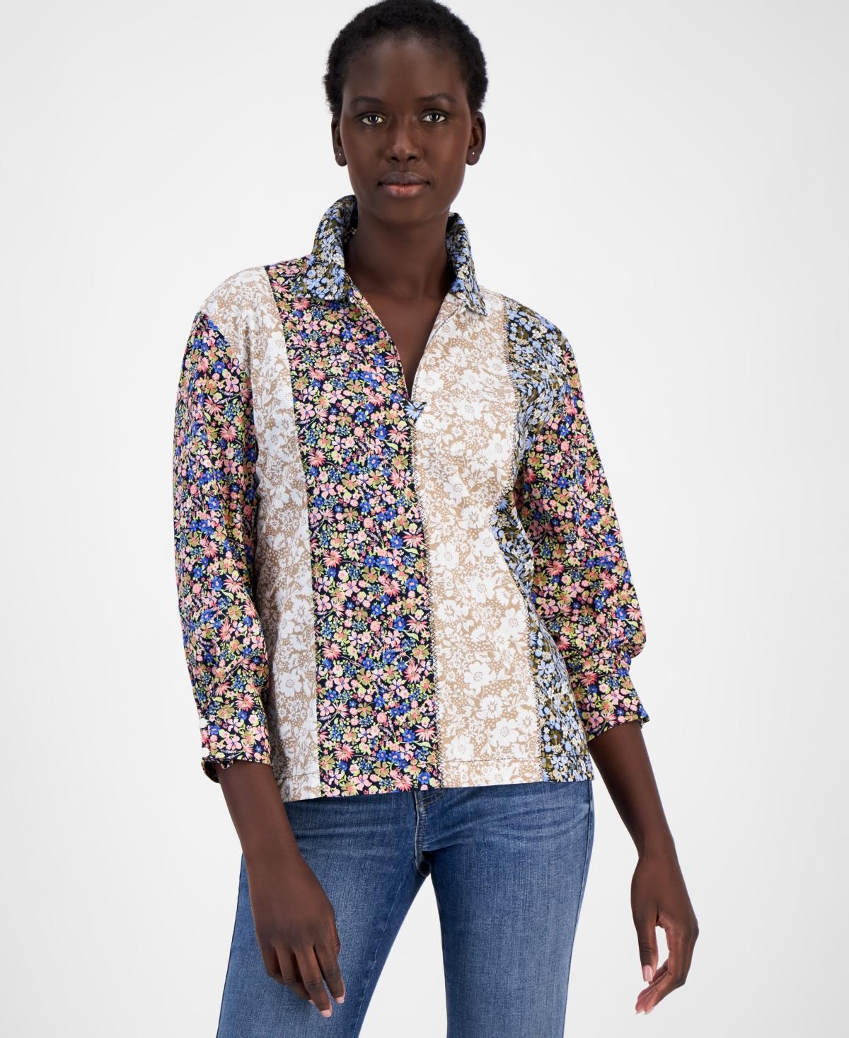 Nautica Jeans Womens Pieced Floral-Print Collared Top Product Image