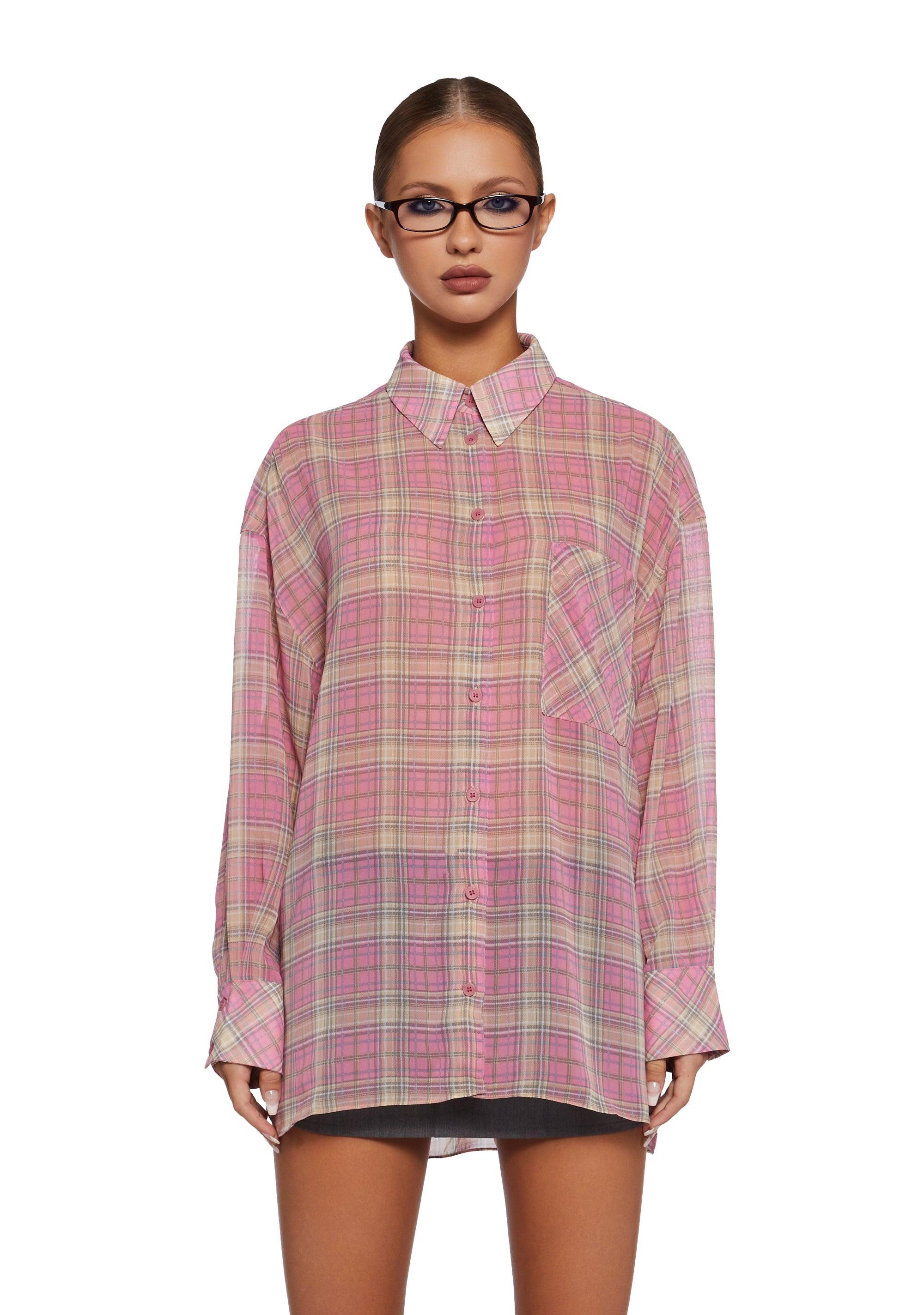 Twill Plaid Button Down Long Sleeve Top - Pink product image