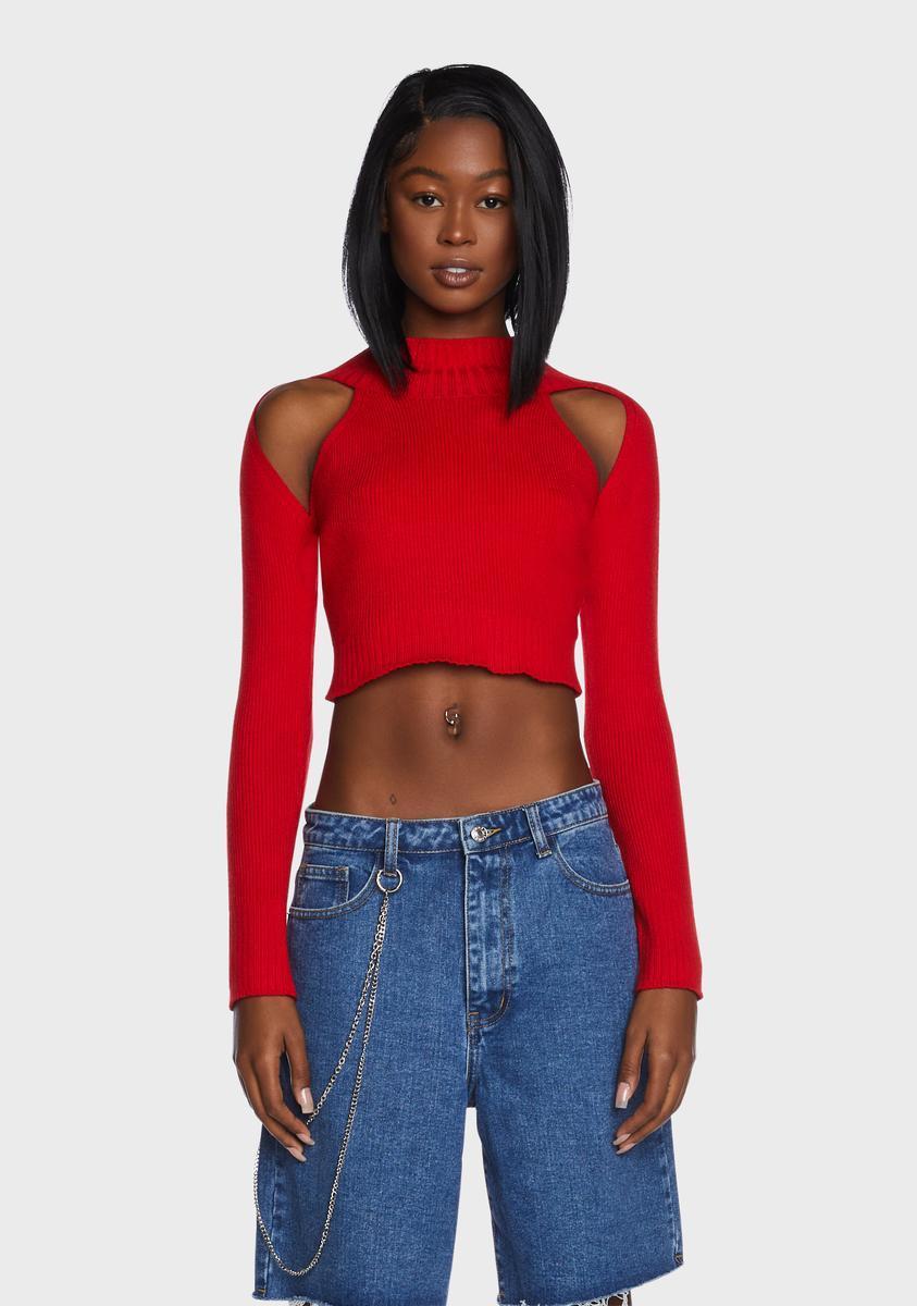 Cold Shoulder Knit Cropped Sweater - Red Product Image